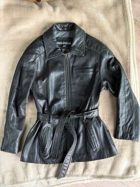 Reaction Black Leather Belted zipper Jacket